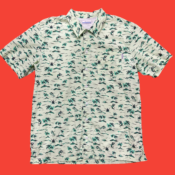 Columbia PFG Outdoor Fishing AOP Tropical Hawaiian Green Shirt Men's Large - Picture 1 of 8
